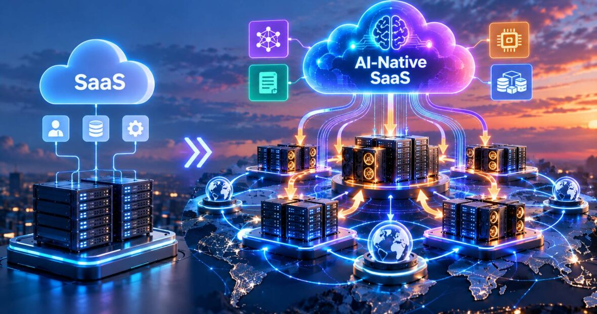AI-native SaaS products running on multi-tenant cloud server architecture with usage metering