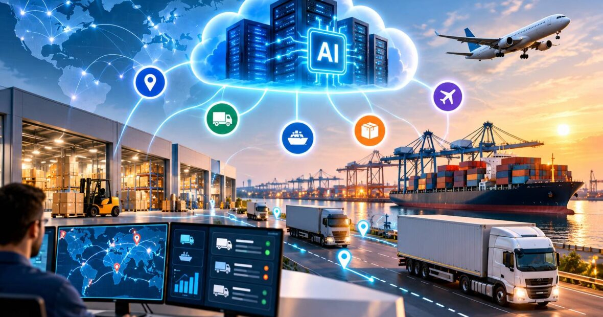 Cloud infrastructure for AI-powered logistics software optimizing delivery routes across the US