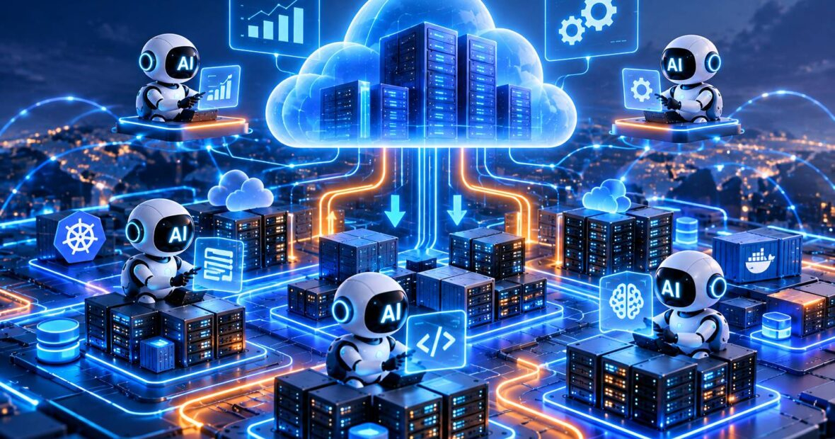 Cloud server architecture for AI agents running continuously with containers, queues and monitoring