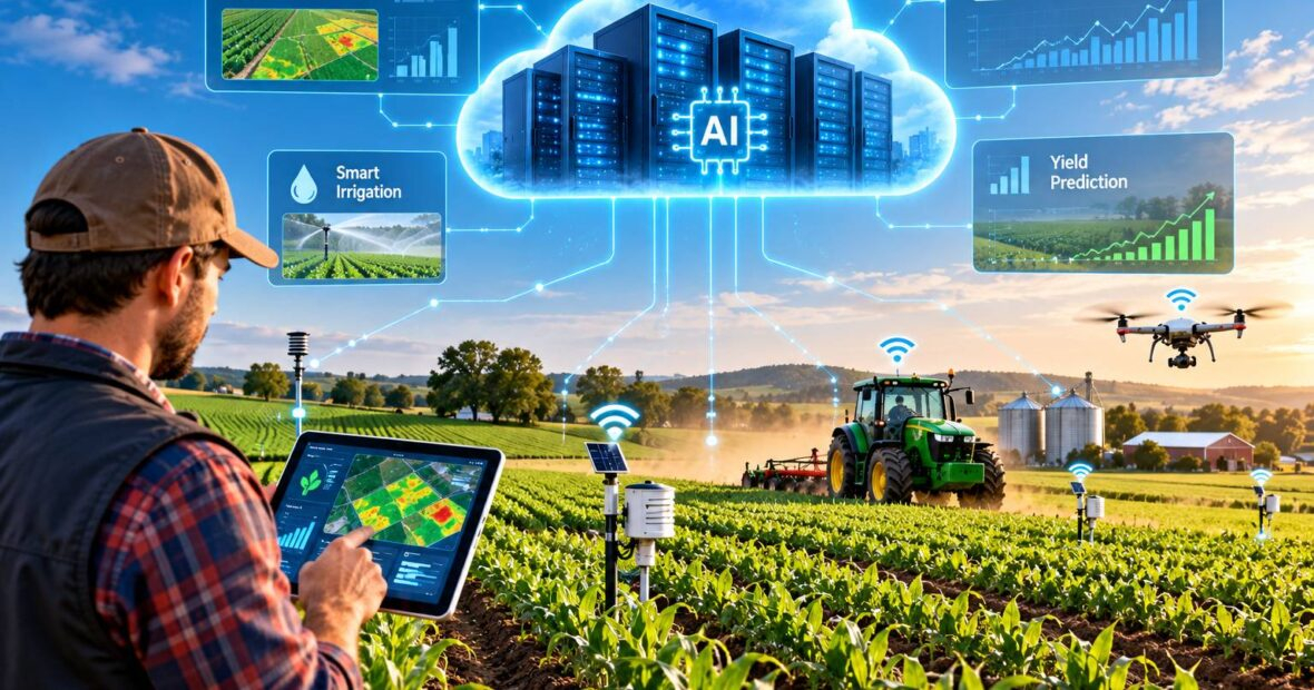 Cloud servers for AI-powered agriculture software connecting smart farm equipment to the cloud