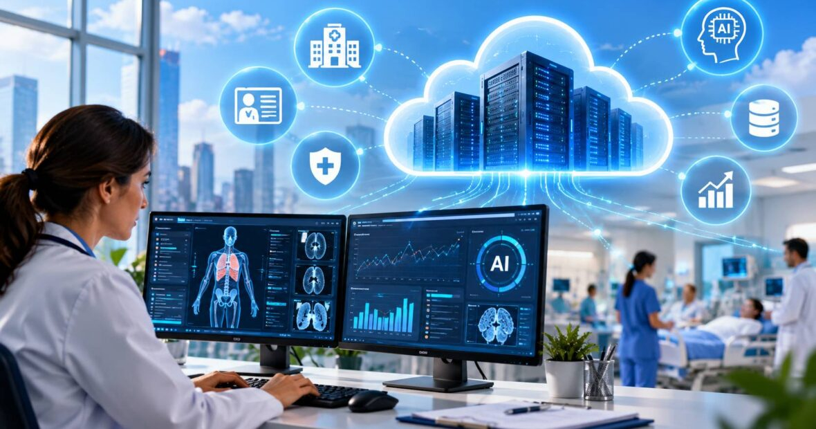 Secure cloud servers running AI-powered healthcare software for US hospitals