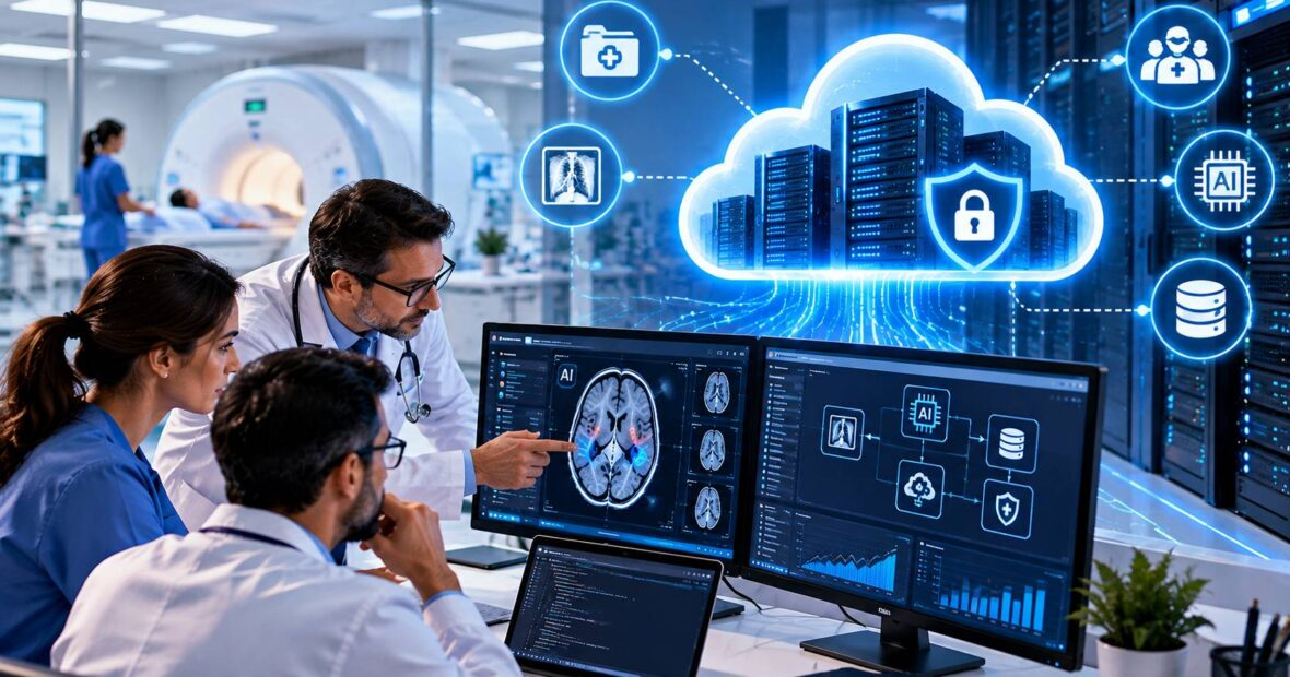 Private cloud servers running healthcare AI applications in a secure hospital data center