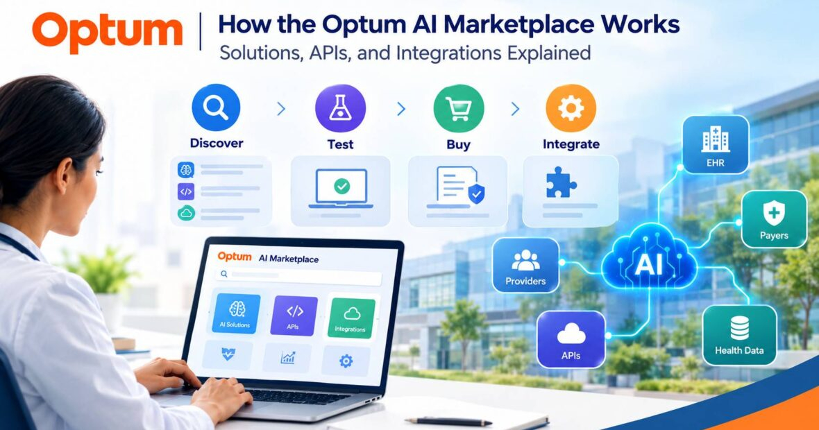 Developer reviewing healthcare API documentation on a laptop to understand how the Optum AI Marketplace works