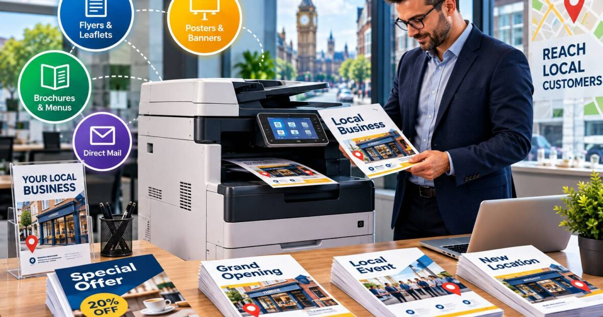 Colour photocopier printing flyers and leaflets in a small UK business office