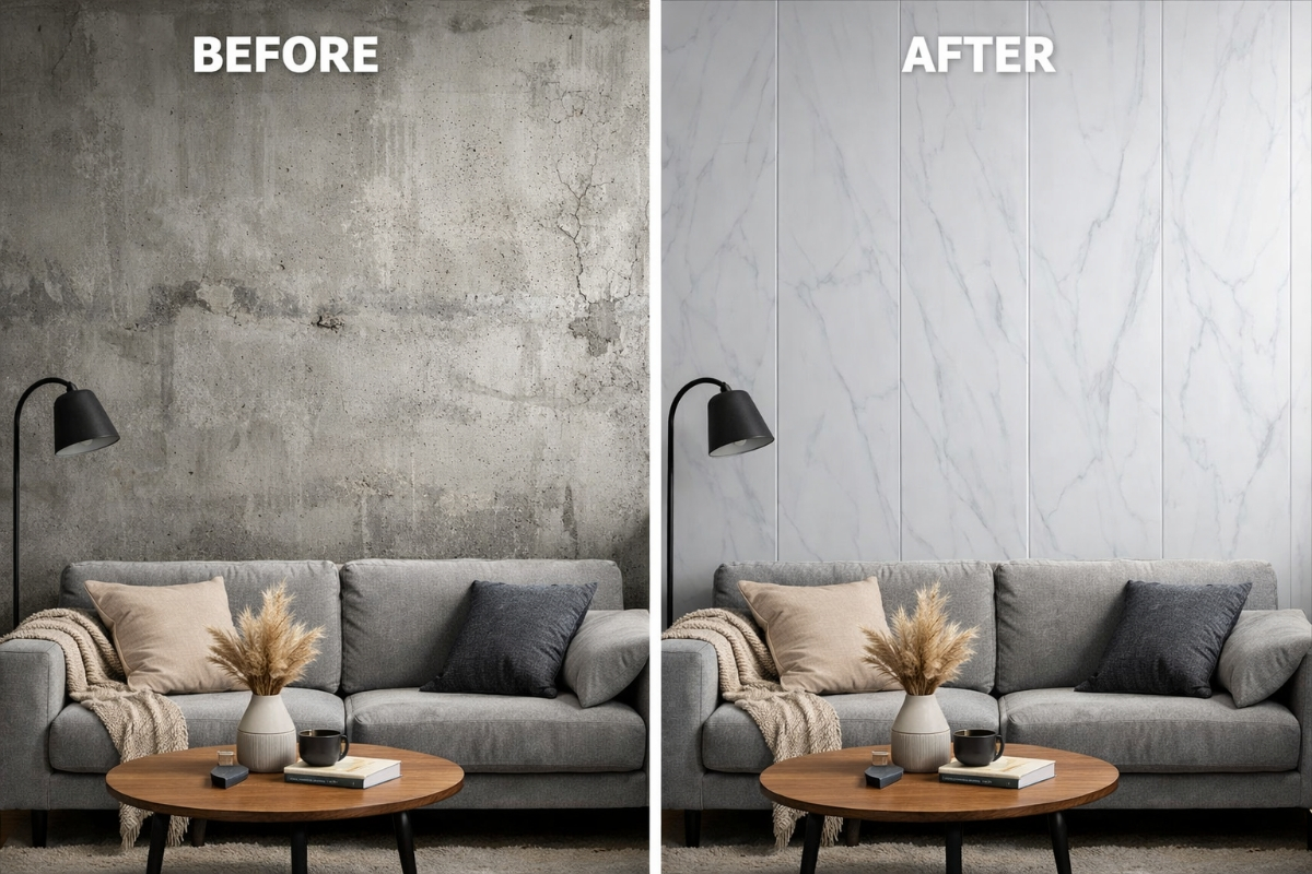 Bathroom transformation showing old tiles replaced with glossy white PVC wall panels