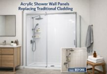 Why Acrylic Shower Panels Are Replacing Bathroom Tiles Modern bathroom with white acrylic shower wall panels installed in UK home