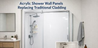 Modern bathroom with white acrylic shower wall panels installed in UK home