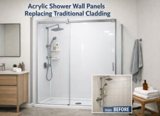 Modern bathroom with white acrylic shower wall panels installed in UK home