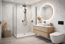 Modern UK bathroom with white PVC wall panels installed around shower area
