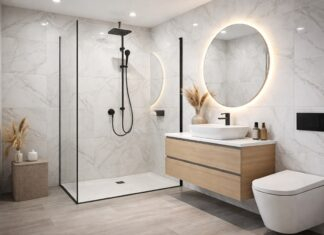 Modern UK bathroom with white PVC wall panels installed around shower area