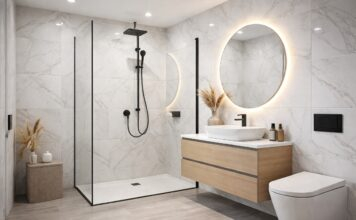 Modern UK bathroom with white PVC wall panels installed around shower area