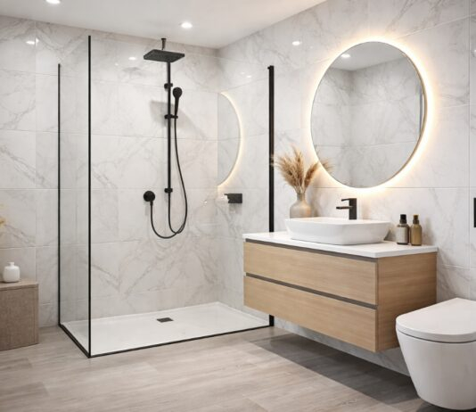 Modern UK bathroom with white PVC wall panels installed around shower area