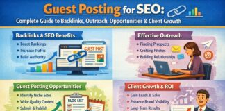 Guest posting for SEO showing backlinks, outreach, and guest blogging opportunities