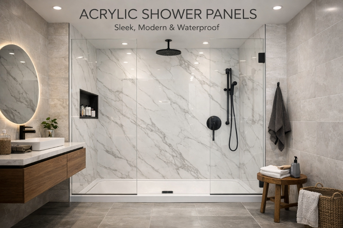 Luxury marble effect acrylic shower wall panels in modern UK bathroom