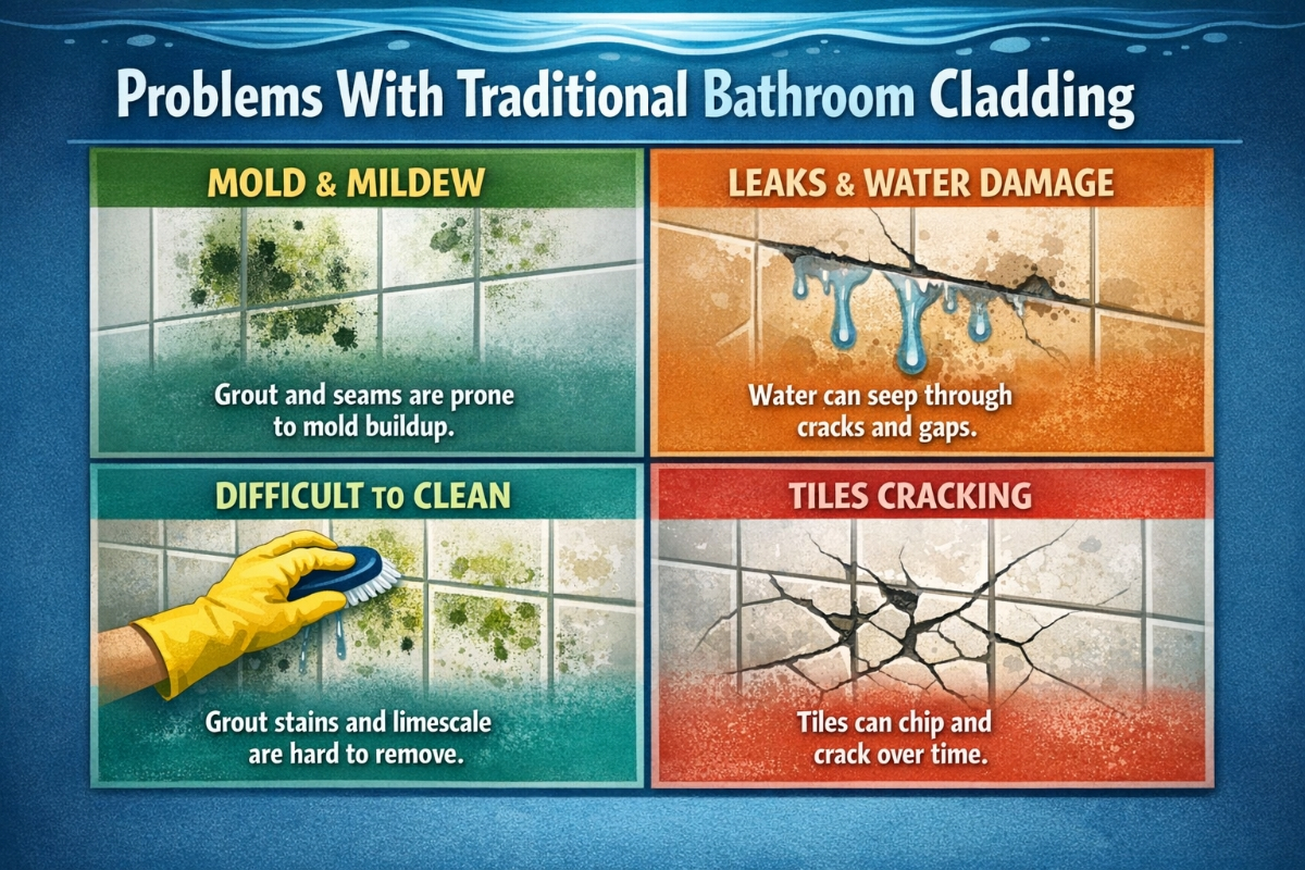 Close up of mouldy grout lines between bathroom tiles showing maintenance issues