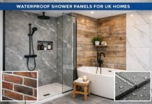 Modern waterproof shower panels installed in a UK home bathroom with grey marble wall design