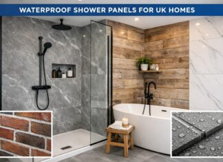 Modern waterproof shower panels installed in a UK home bathroom with grey marble wall design