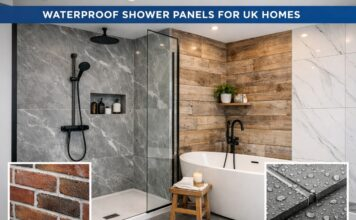 Modern waterproof shower panels installed in a UK home bathroom with grey marble wall design
