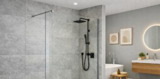Fixed glass shower panel in modern UK bathroom showing frameless shower screen design