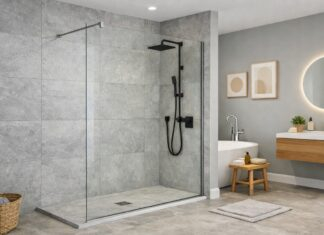 Fixed glass shower panel in modern UK bathroom showing frameless shower screen design