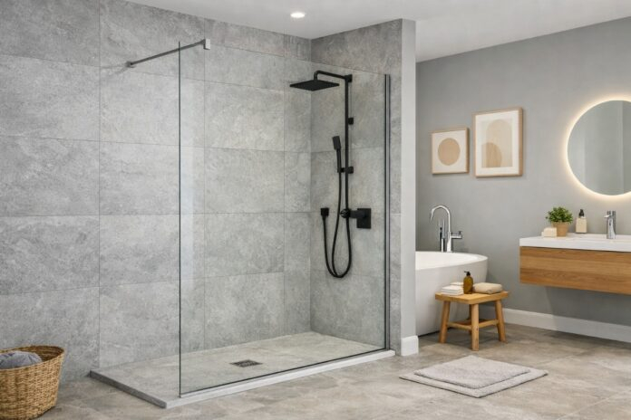 Fixed glass shower panel in modern UK bathroom showing frameless shower screen design
