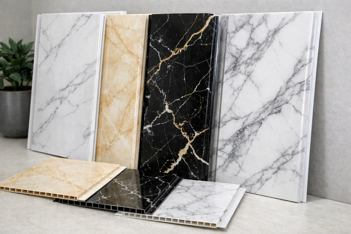 Marble finish PVC wall panels in a luxury bathroom setting