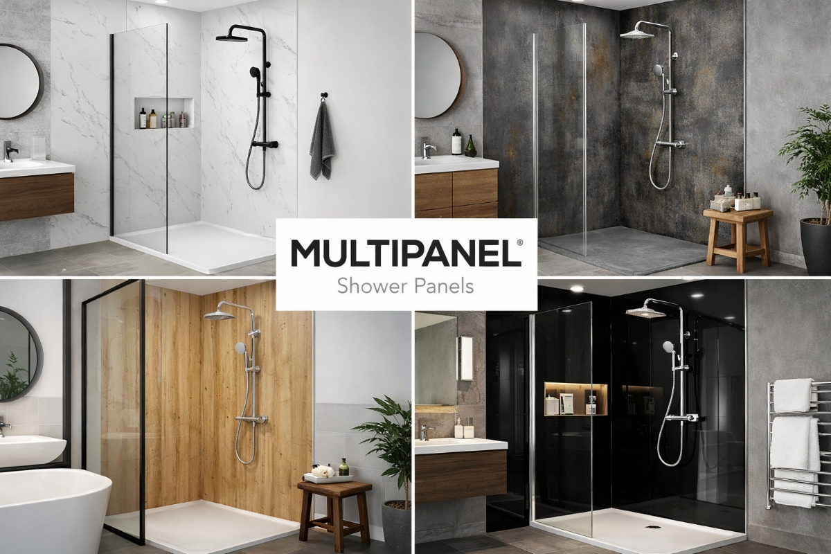 Marble effect multipanel shower panels in a UK bathroom design
