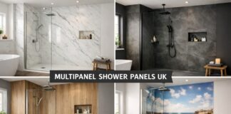 Multipanel shower panels installed in a modern UK bathroom shower area