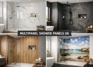 Multipanel shower panels installed in a modern UK bathroom shower area