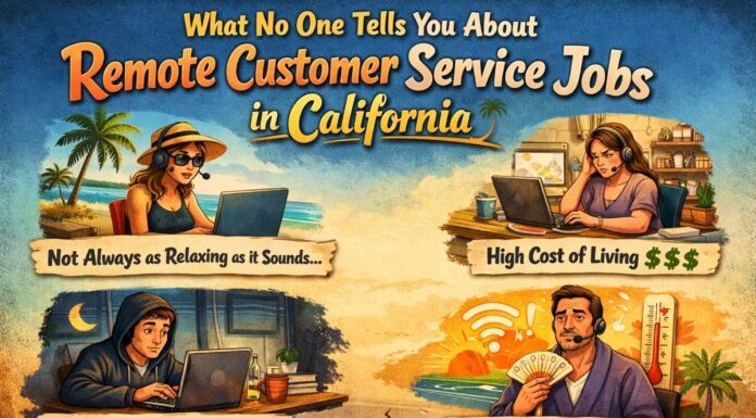 Professional working remotely in a customer service job in California handling calls and chats from home