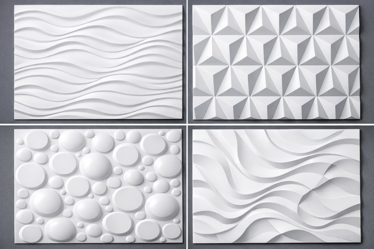 3D textured PVC wall panels adding depth and pattern to bathroom walls