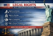 Immigrant detainee speaking with legal representative about rights in U.S. immigration detention facility