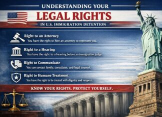 Immigrant detainee speaking with legal representative about rights in U.S. immigration detention facility