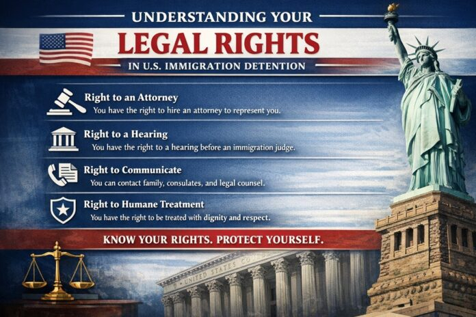 Immigrant detainee speaking with legal representative about rights in U.S. immigration detention facility