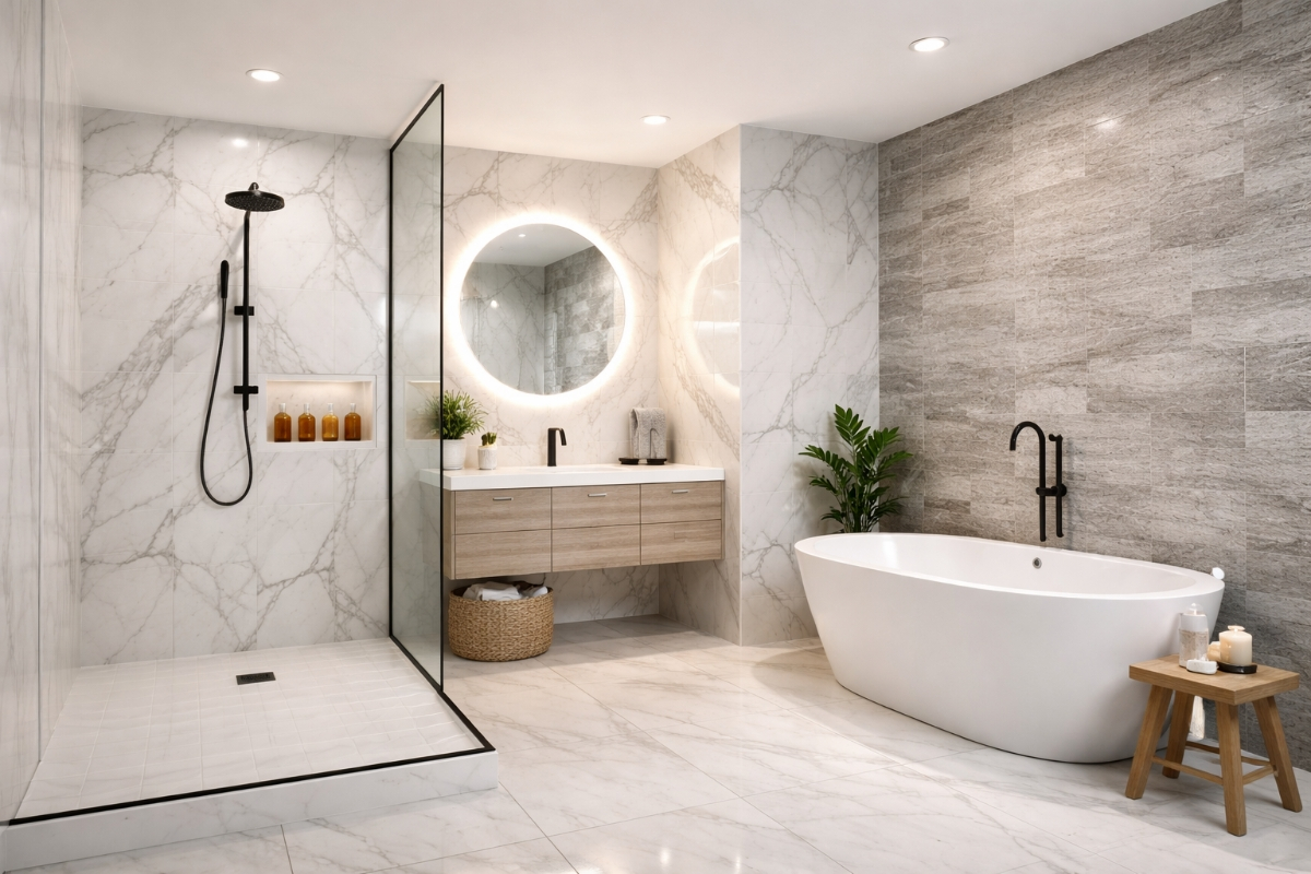 Waterproof PVC wall panels installed in a bathroom shower area